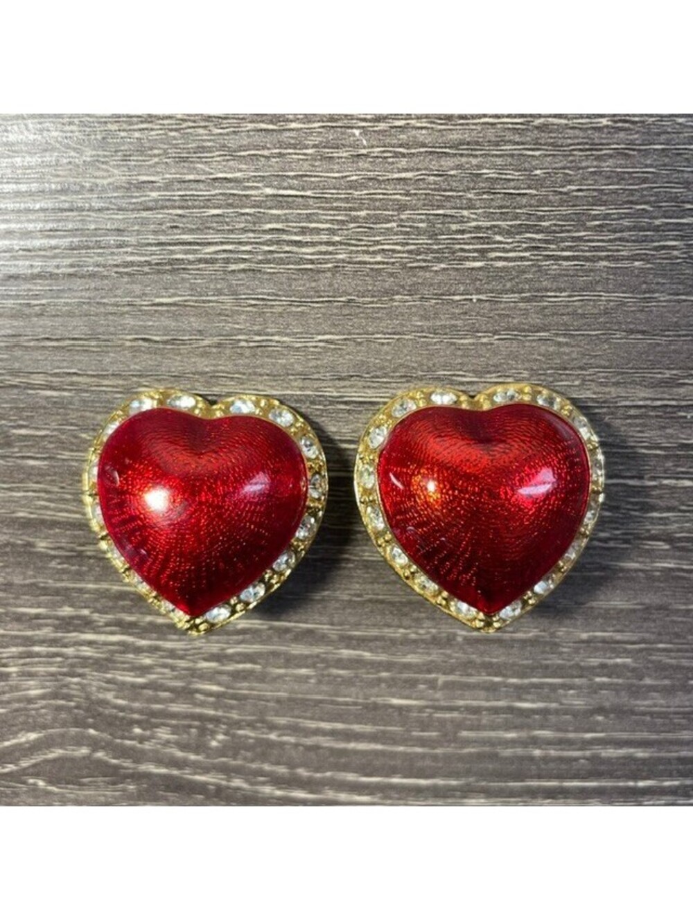 Vintage Victoria's Secret Red Heart Clip-On Earrings with Rhinestone Trim